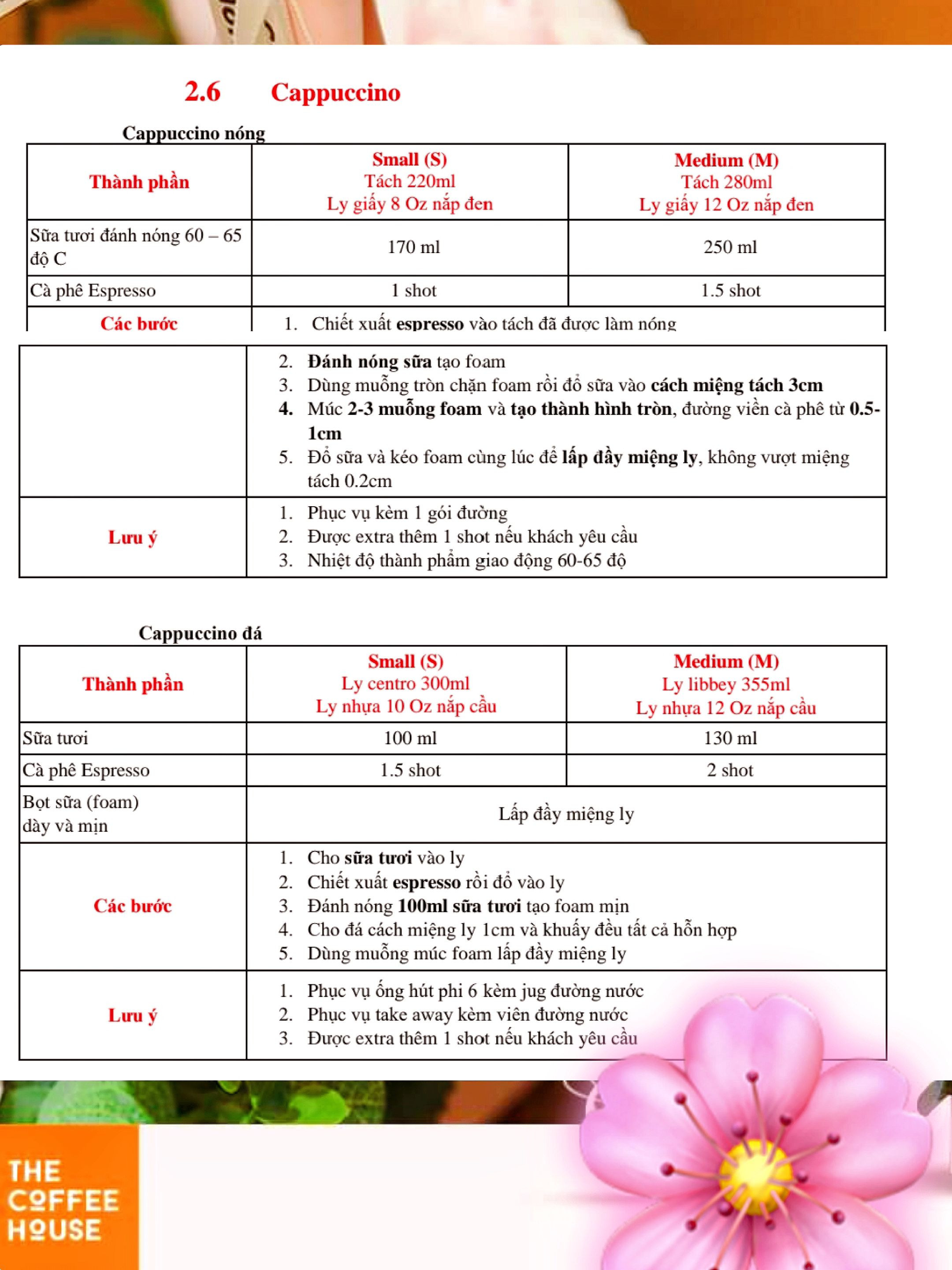 Công thức pha chế Cà phê Việt Nam, Bạc Xỉu và Espresso của The Coffee House
