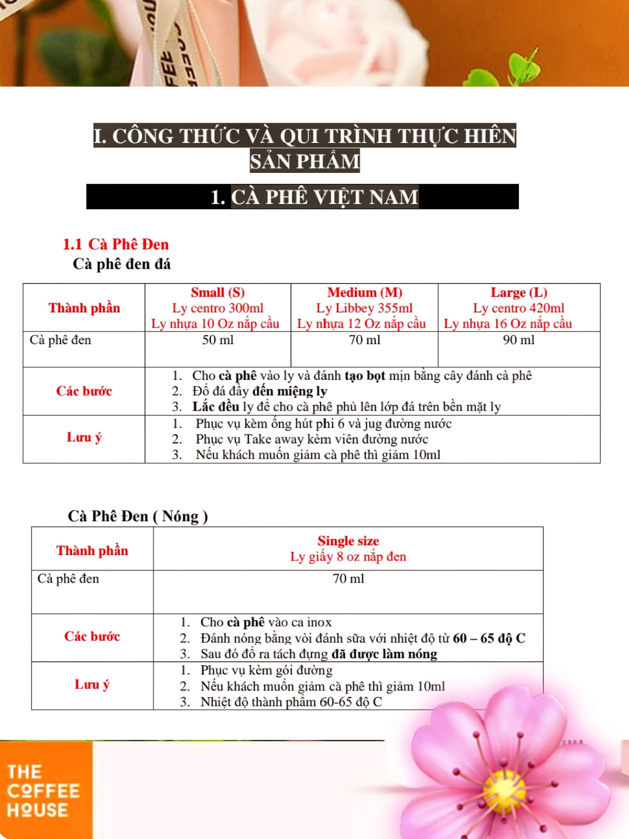 Công thức pha chế Cà phê Việt Nam, Bạc Xỉu và Espresso của The Coffee House