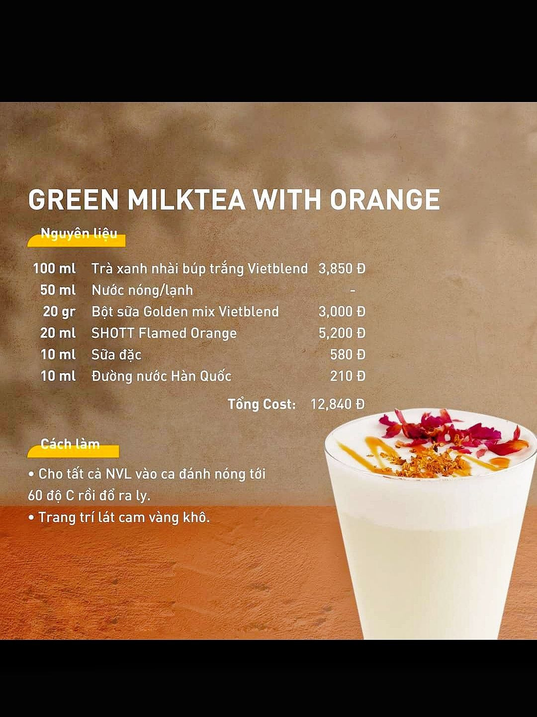 Công thức pha chế đồ uống mùa đông: White Peach Latte, Green Milktea với cam, Sweet and Spice, Brown Baconut và Hot Orange Chocolate