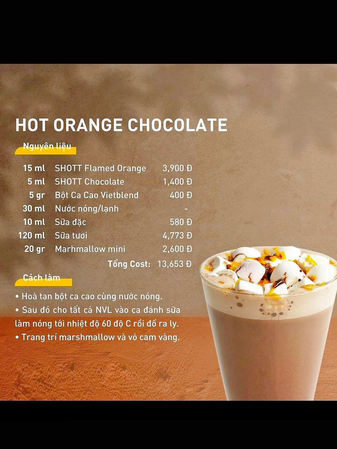 Công thức pha chế đồ uống mùa đông: White Peach Latte, Green Milktea với cam, Sweet and Spice, Brown Baconut và Hot Orange Chocolate