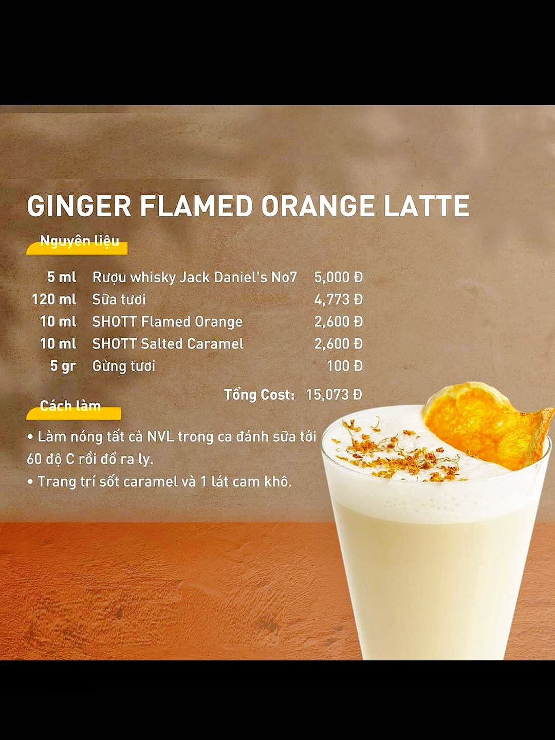 Công thức pha chế đồ uống mùa đông: White Peach Latte, Green Milktea với cam, Sweet and Spice, Brown Baconut và Hot Orange Chocolate