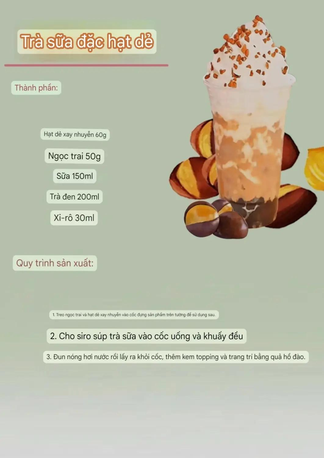 Công thức pha chế trà sữa hạt dẻ, trân châu và yến mạch