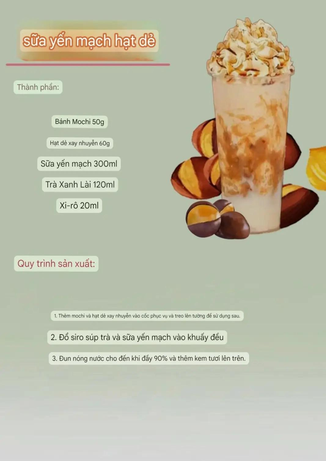 Công thức pha chế trà sữa hạt dẻ, trân châu và yến mạch