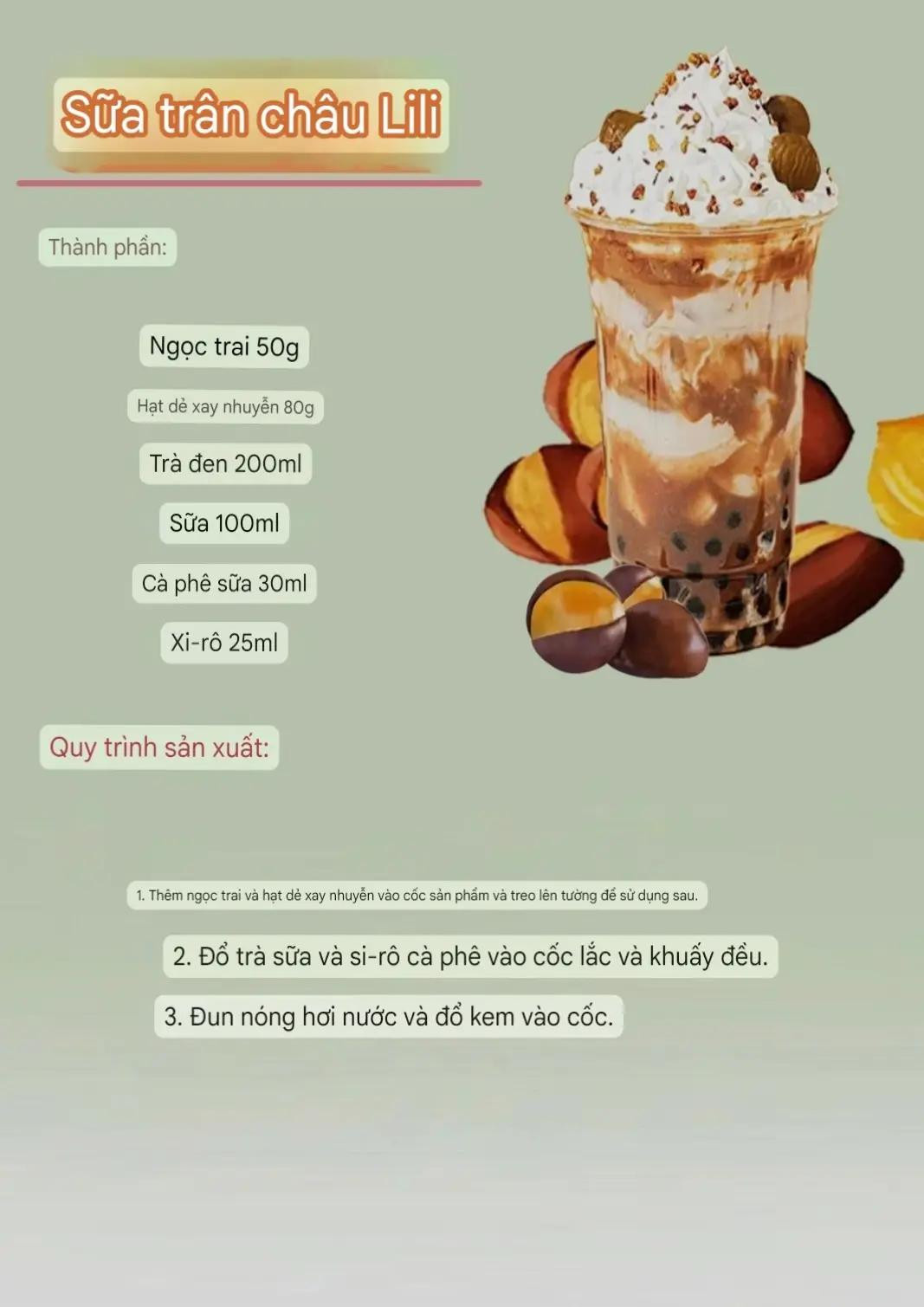 Công thức pha chế trà sữa hạt dẻ, trân châu và yến mạch