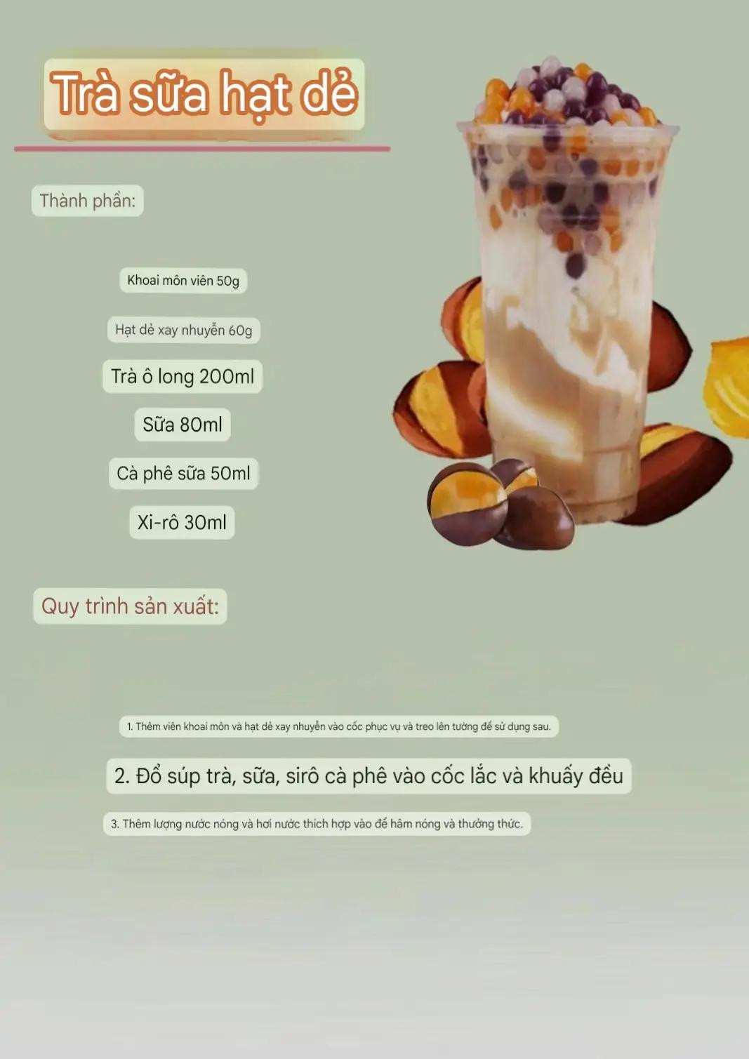 Công thức pha chế trà sữa hạt dẻ, trân châu và yến mạch
