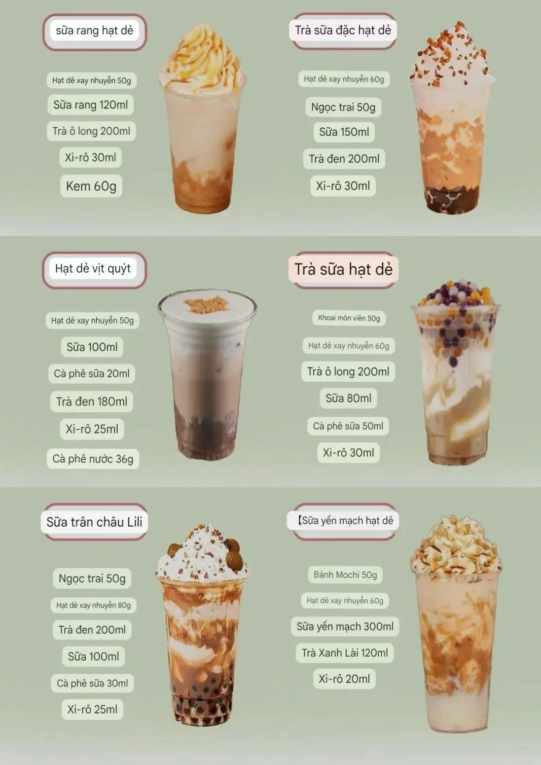 Công thức pha chế trà sữa hạt dẻ, trân châu và yến mạch