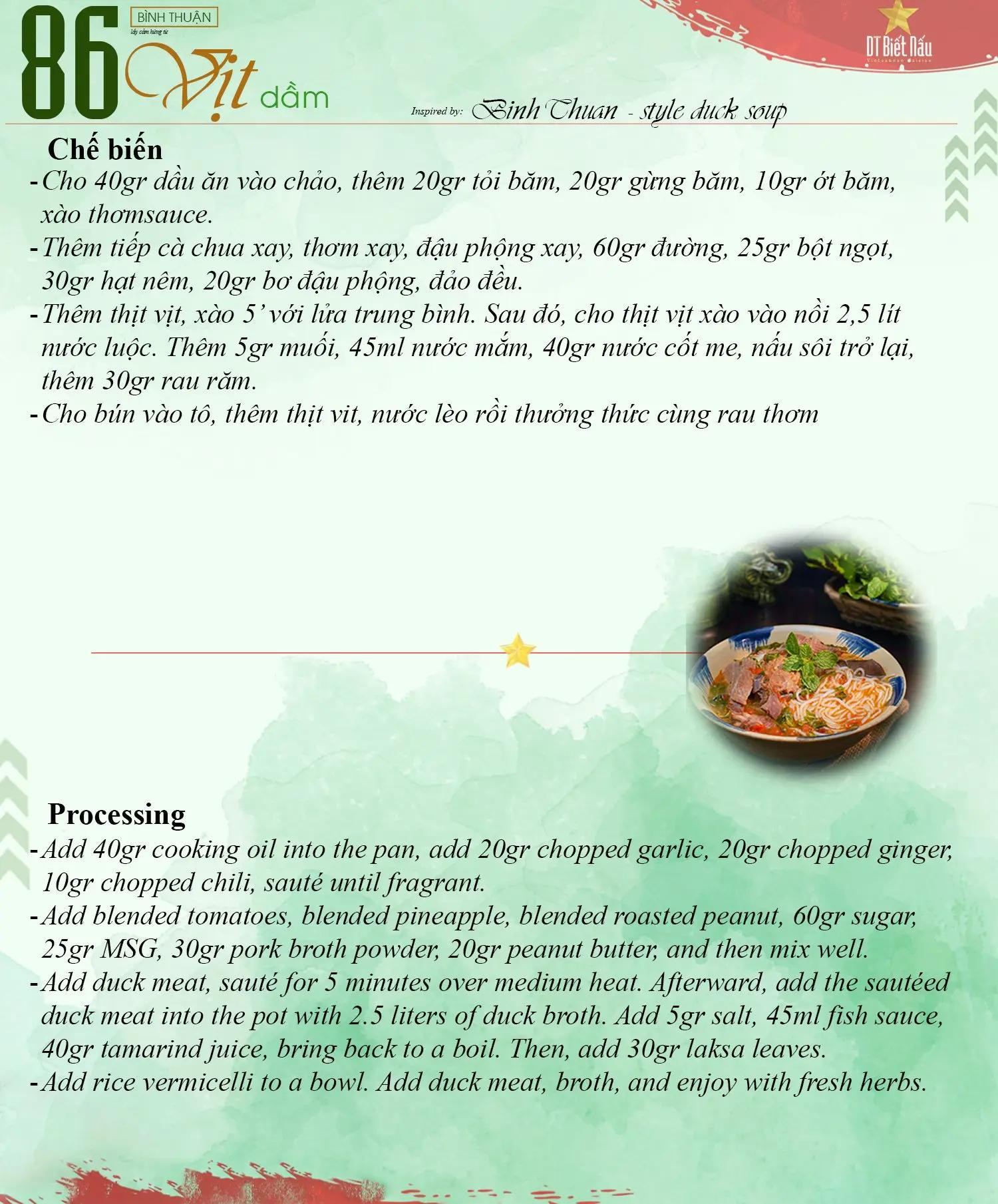 Công thức Vịt Dầm Bình Thuận - Mì vịt tiềm nước cốt me, đậu phộng và rau răm