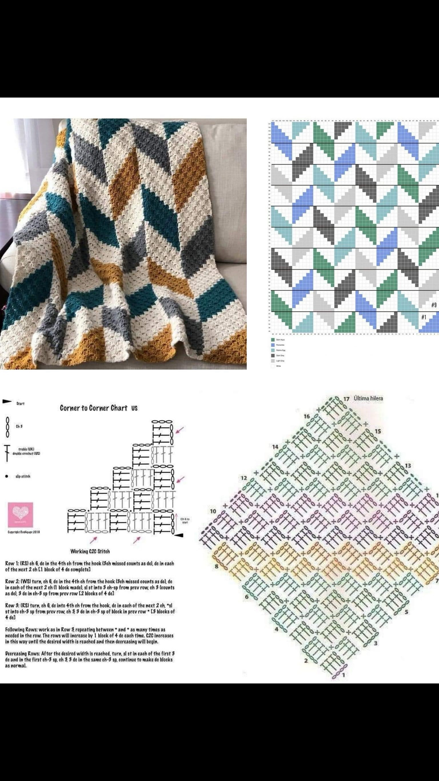 Corner to Corner Geometric Blanket Crochet Pattern Chart and Tutorial