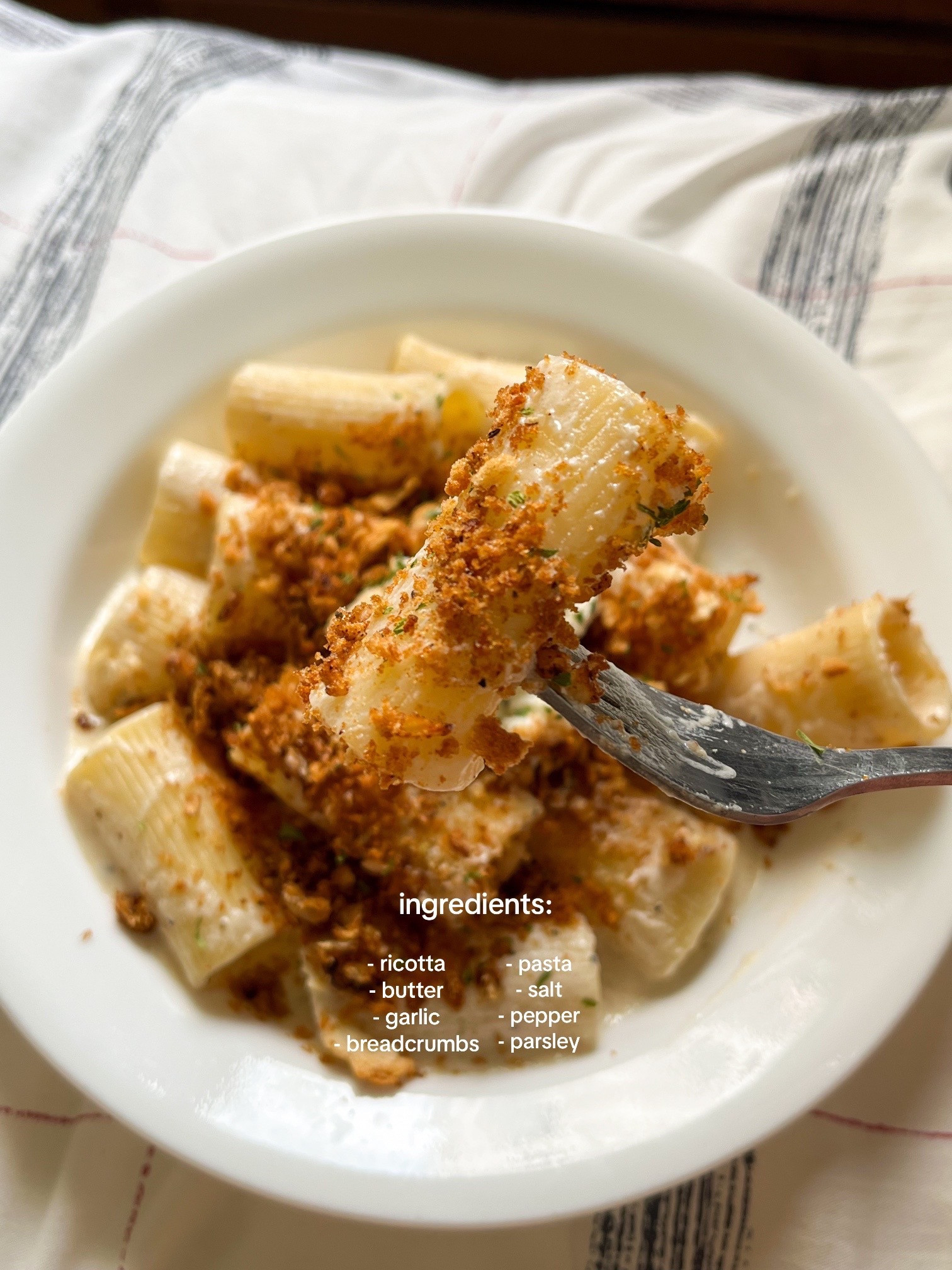 Creamy Brown Butter Ricotta Rigatoni with Crispy Toasted Breadcrumbs and Garlic