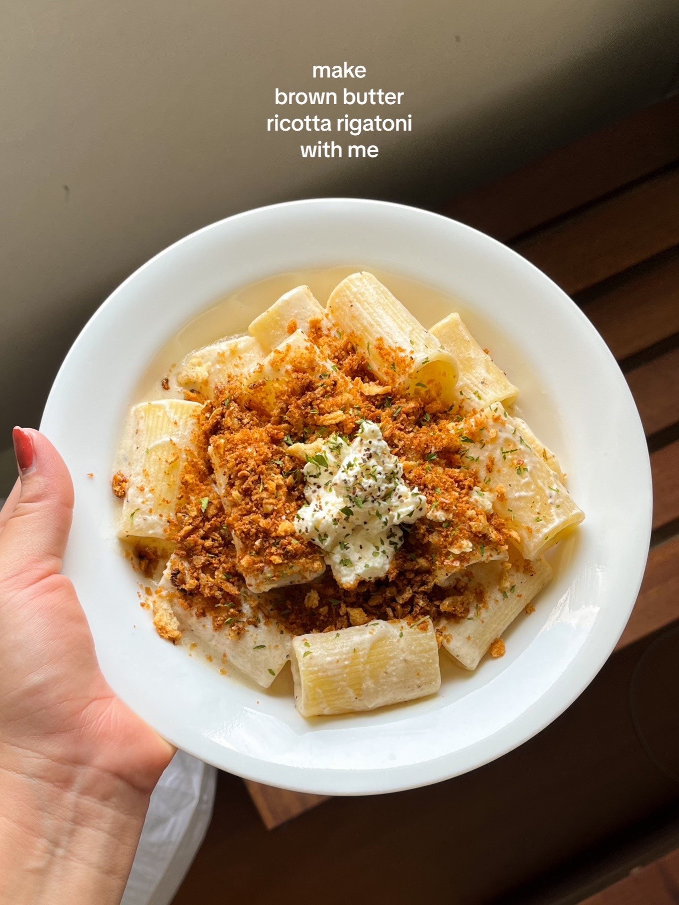 Creamy Brown Butter Ricotta Rigatoni with Crispy Toasted Breadcrumbs and Garlic