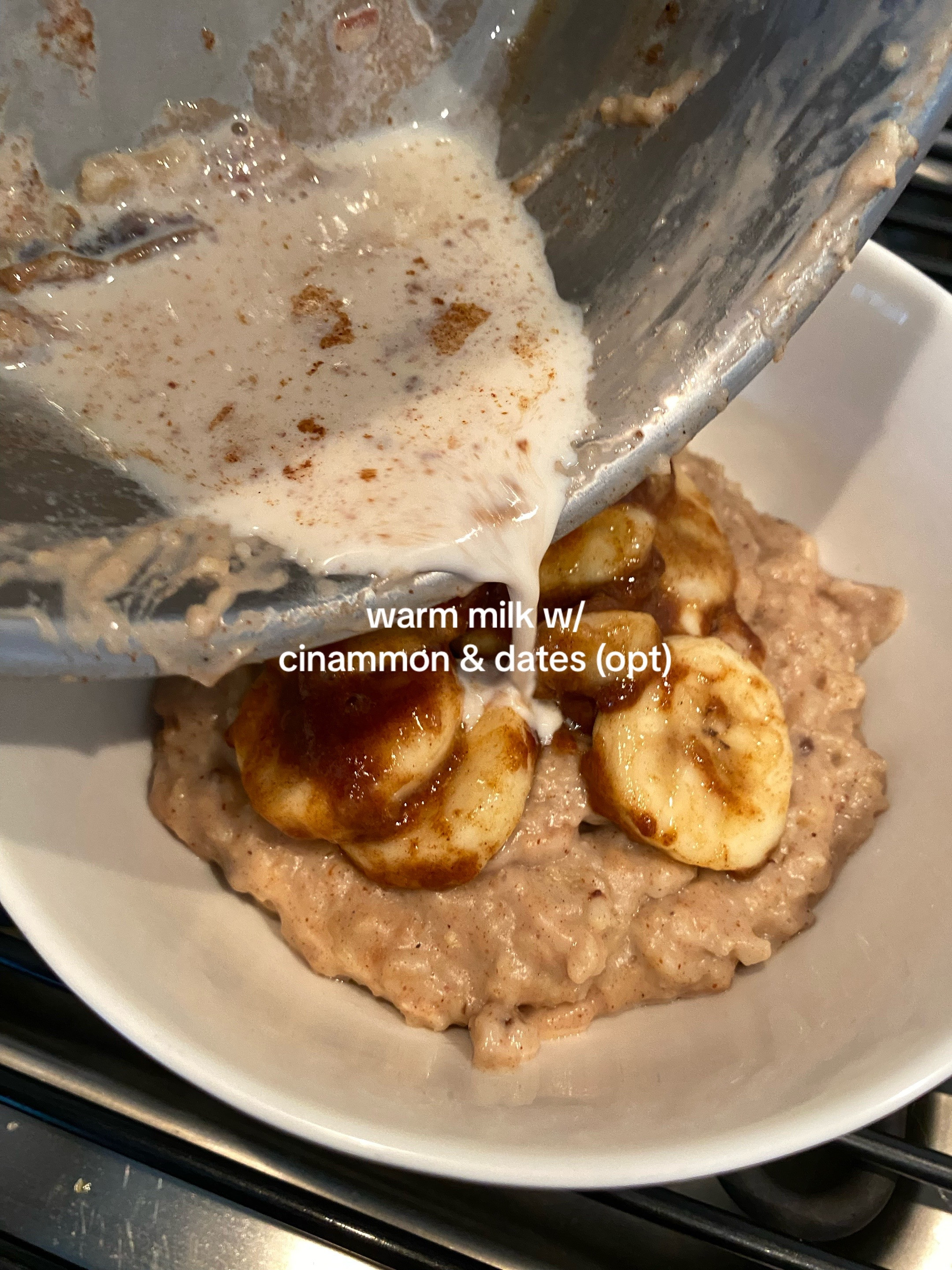 Creamy oatmeal with caramelized banana, cinnamon, and warm milk