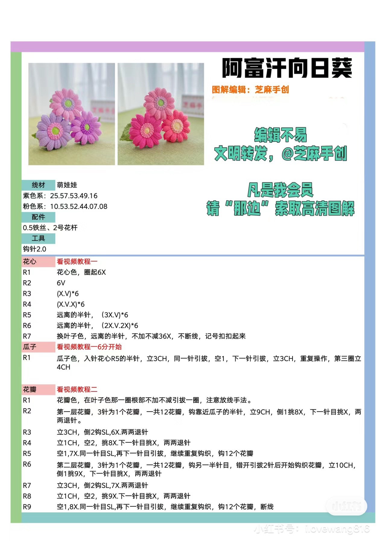 Crochet Afghan Sunflower Chart - Purple and Pink