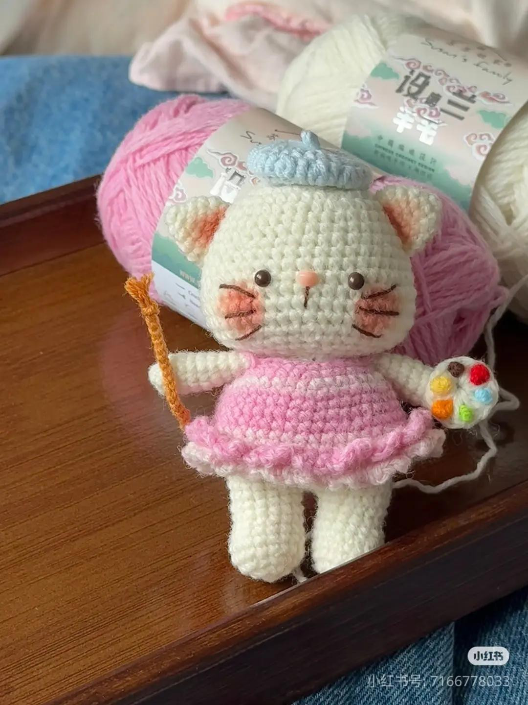 Crochet Amigurumi Cat Artist Doll Pattern with Palette and Dress