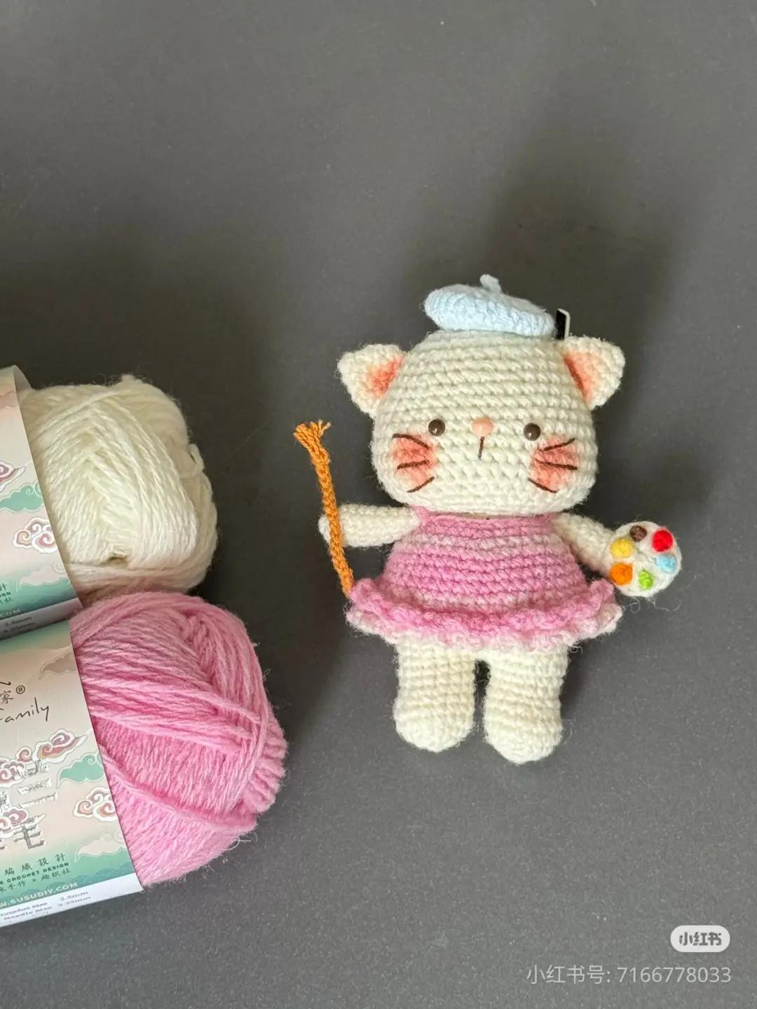 Crochet Amigurumi Cat Artist Doll Pattern with Palette and Dress