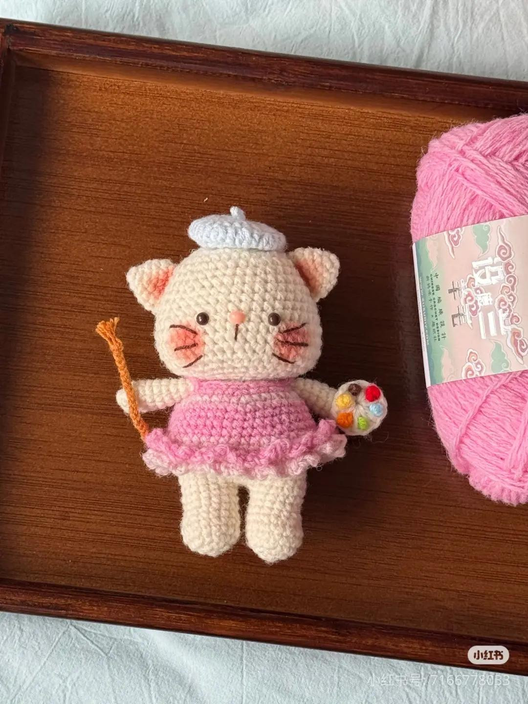 Crochet Amigurumi Cat Artist Doll Pattern with Palette and Dress