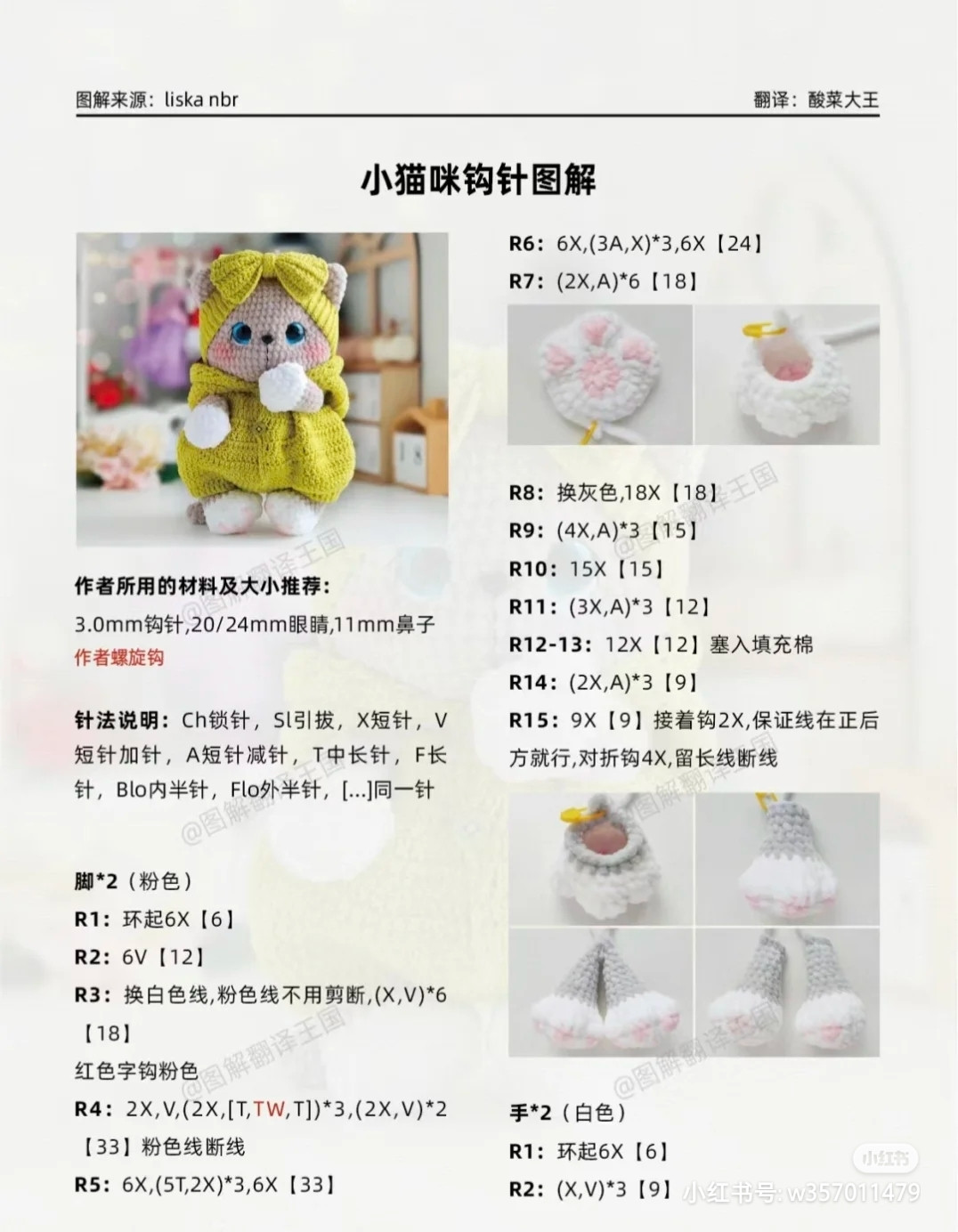 Crochet Amigurumi Cat Doll Pattern Chart with Hooded Outfits