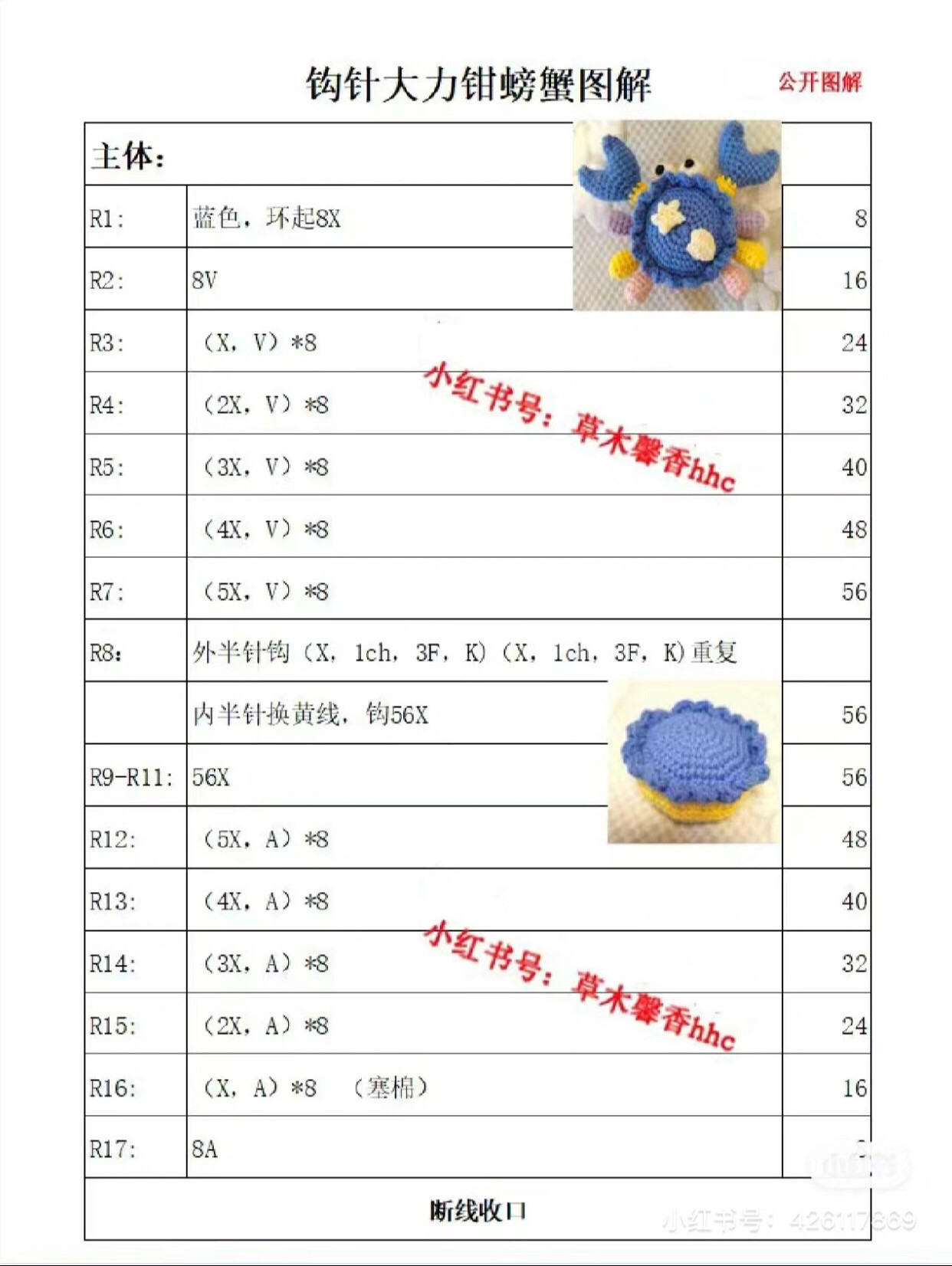 Crochet Amigurumi Crab Pattern Chart with Step-by-Step Instructions for Body, Claws, and Eyes