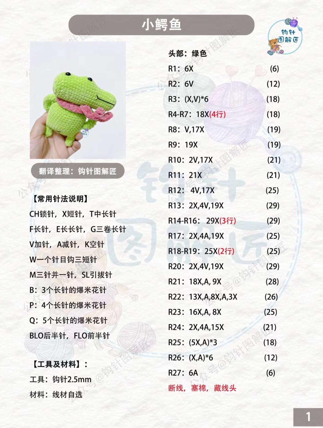 Crochet Amigurumi Crocodile Pattern Tutorial with Green Body and Pink Scarf