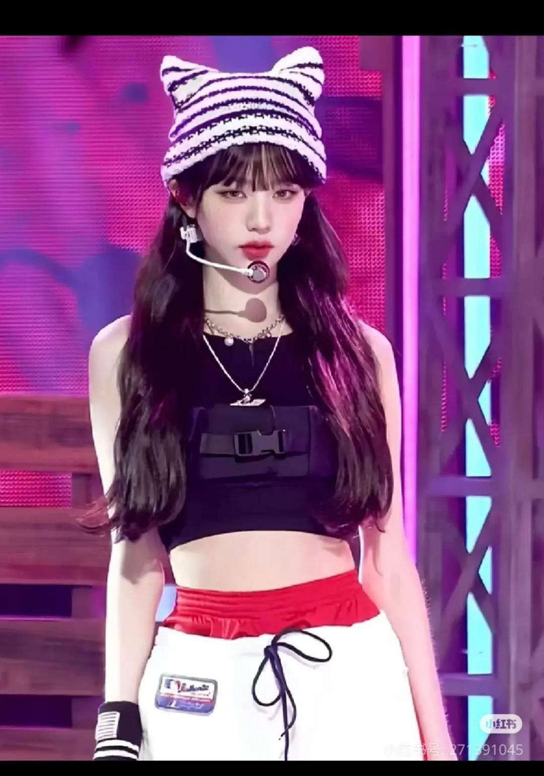 Crochet Amigurumi Doll of K-pop Idol Wonyoung with Striped Cat Ears Hat