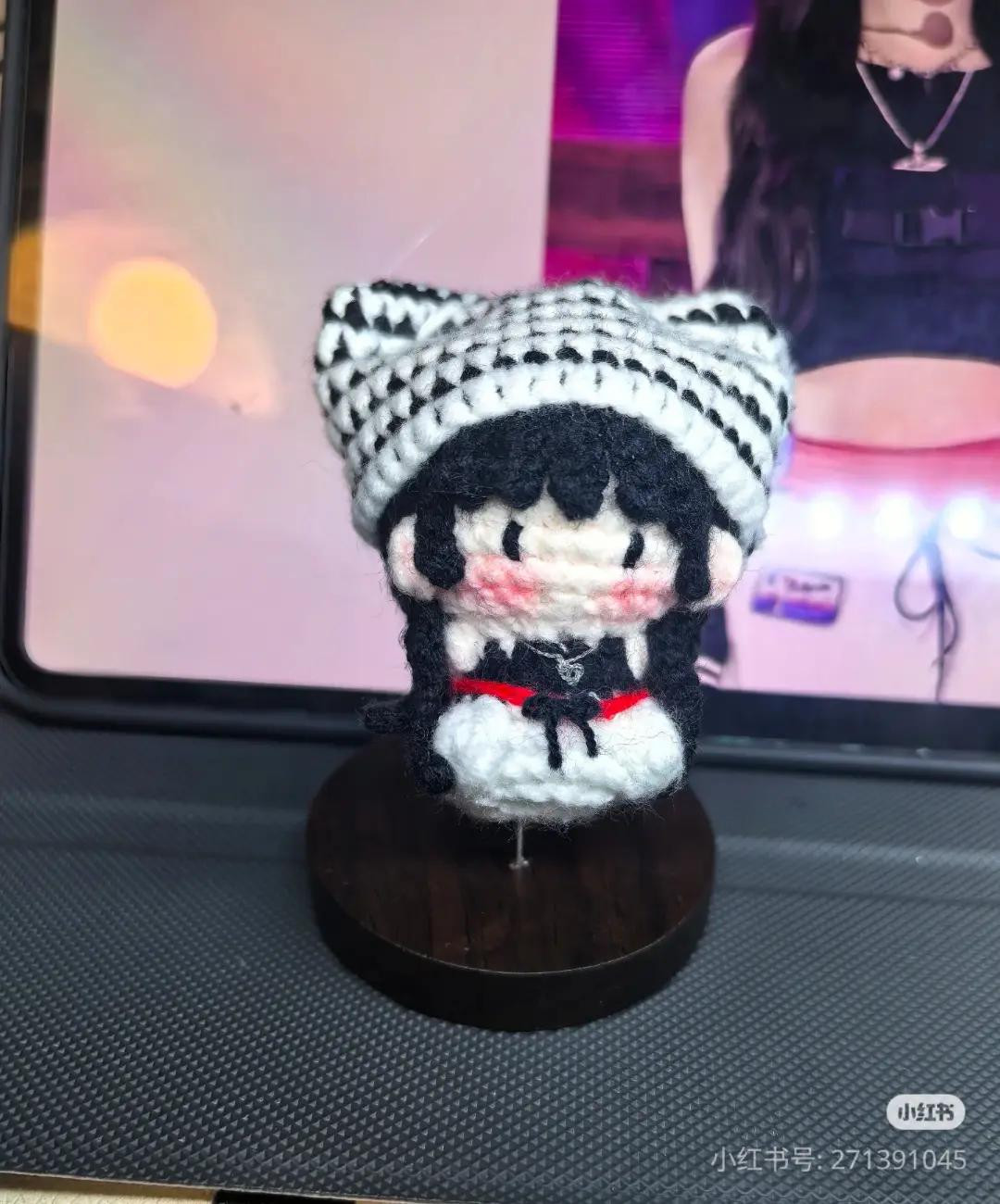 Crochet Amigurumi Doll of K-pop Idol Wonyoung with Striped Cat Ears Hat