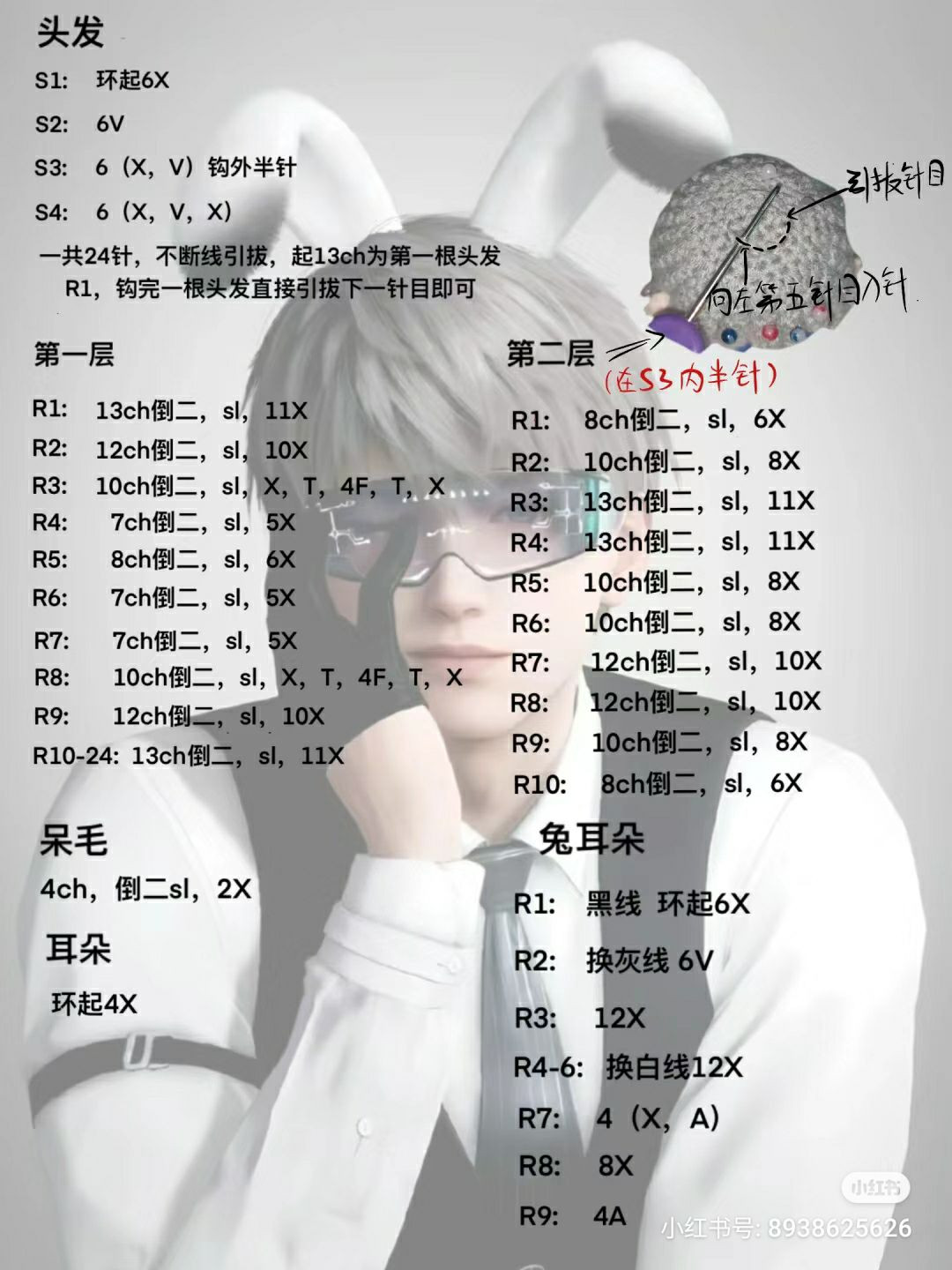 Crochet Amigurumi Doll Pattern Chart: Hair, Ears, and Head Instructions