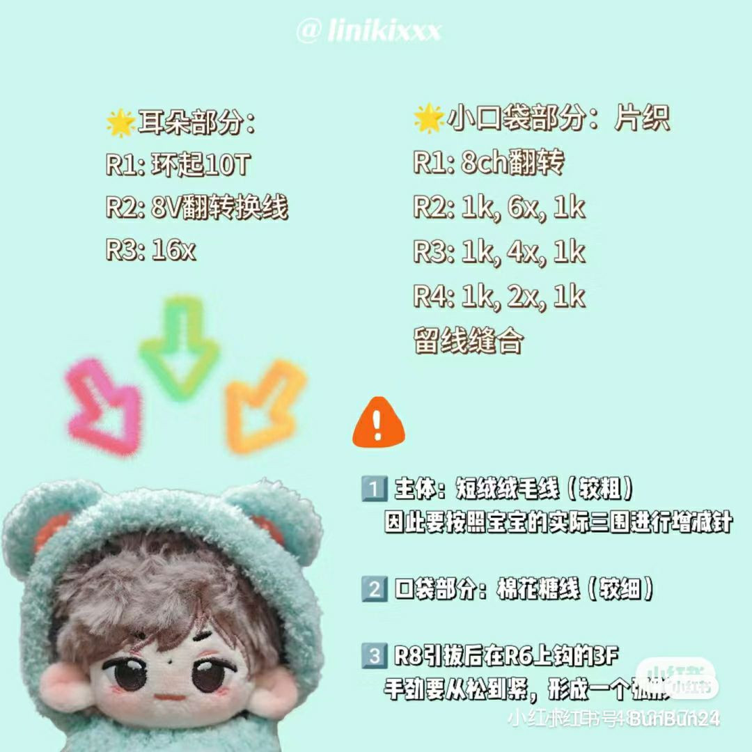 Crochet Amigurumi Doll Pattern Chart: Hair, Ears, and Head Instructions