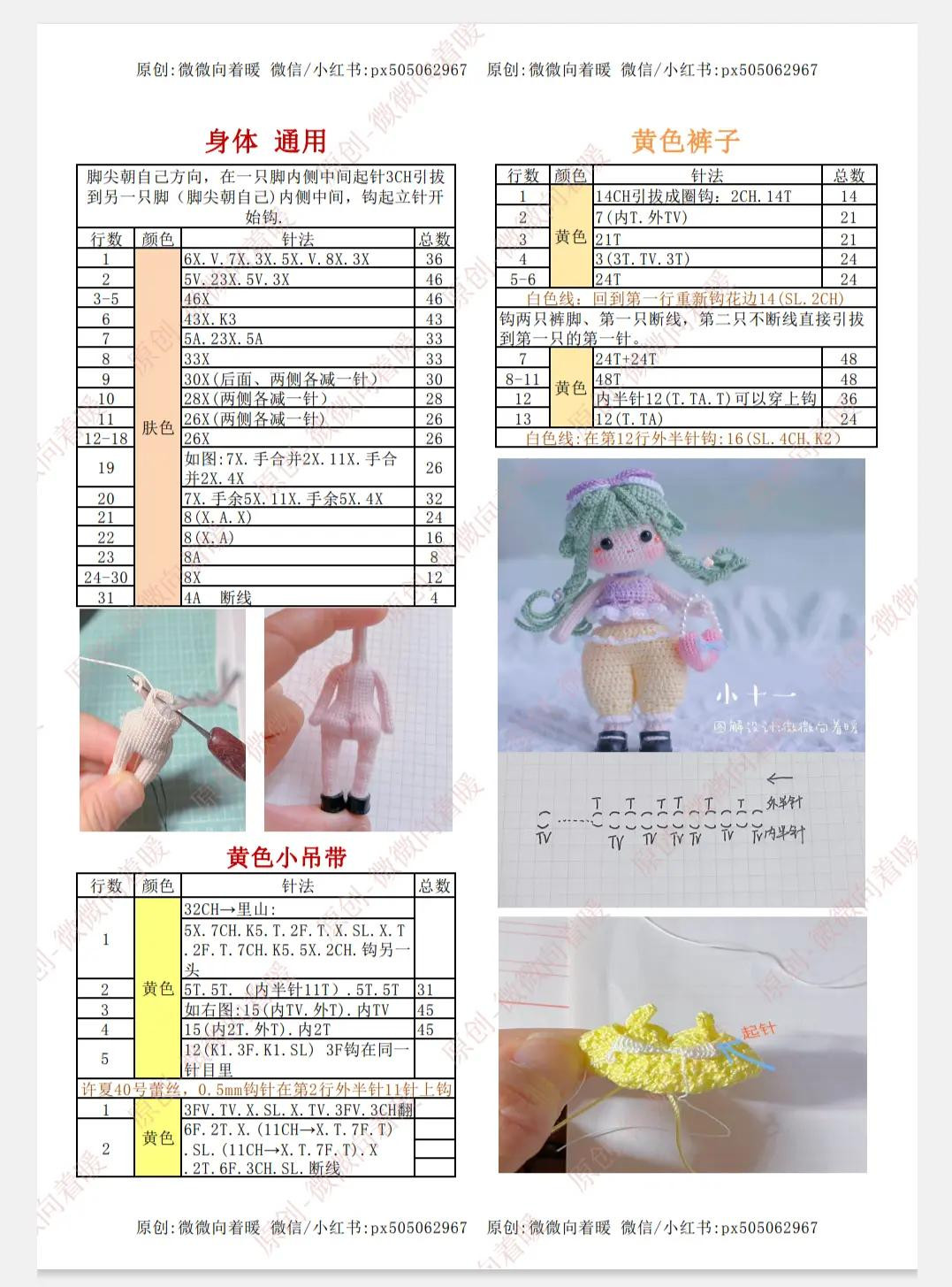 Crochet Amigurumi Doll Pattern: Complete Chart for Head, Body, Hair, and Accessories