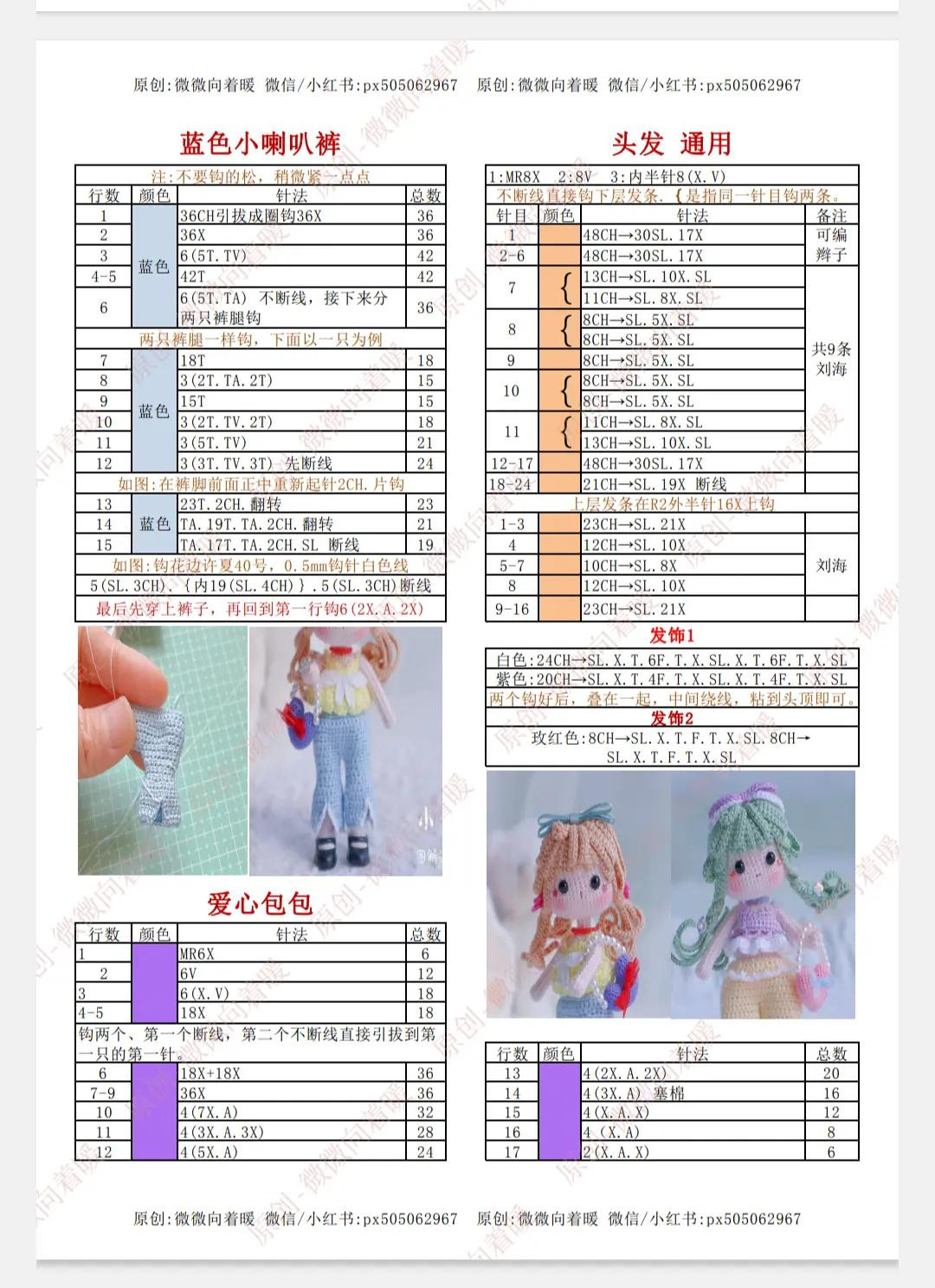 Crochet Amigurumi Doll Pattern: Complete Chart for Head, Body, Hair, and Accessories