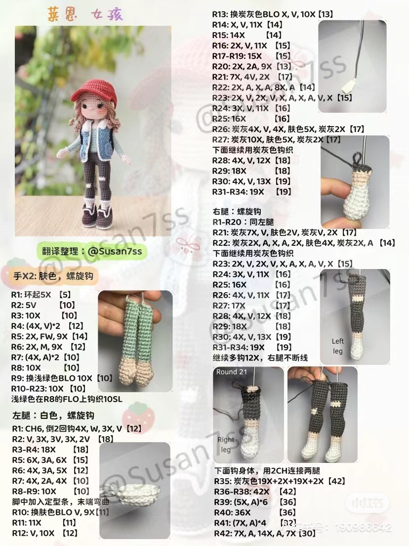 Crochet Amigurumi Doll Pattern: Fashion Girl with Red Cap, Denim Vest, and Ripped Jeans