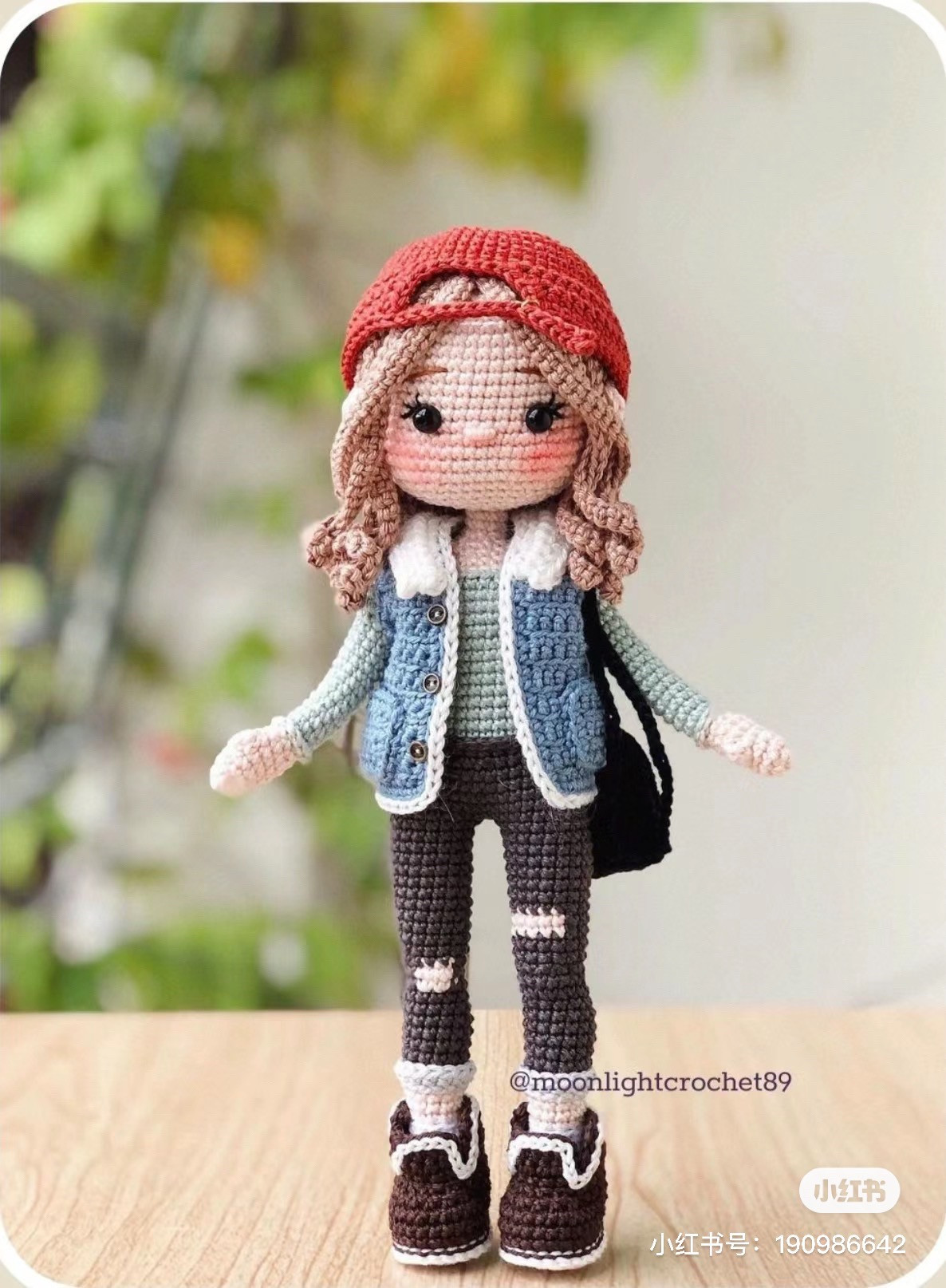 Crochet Amigurumi Doll Pattern: Fashion Girl with Red Cap, Denim Vest, and Ripped Jeans