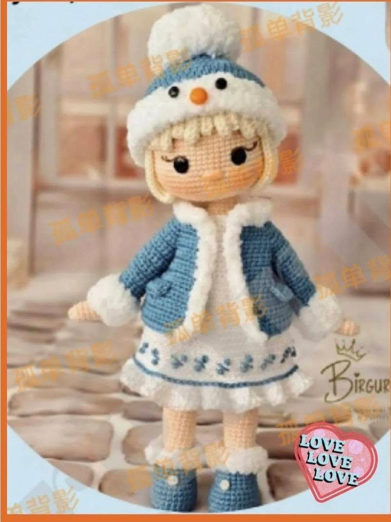 Crochet Amigurumi Doll Pattern: Winter Snow Girl with Blue Jacket and Hat