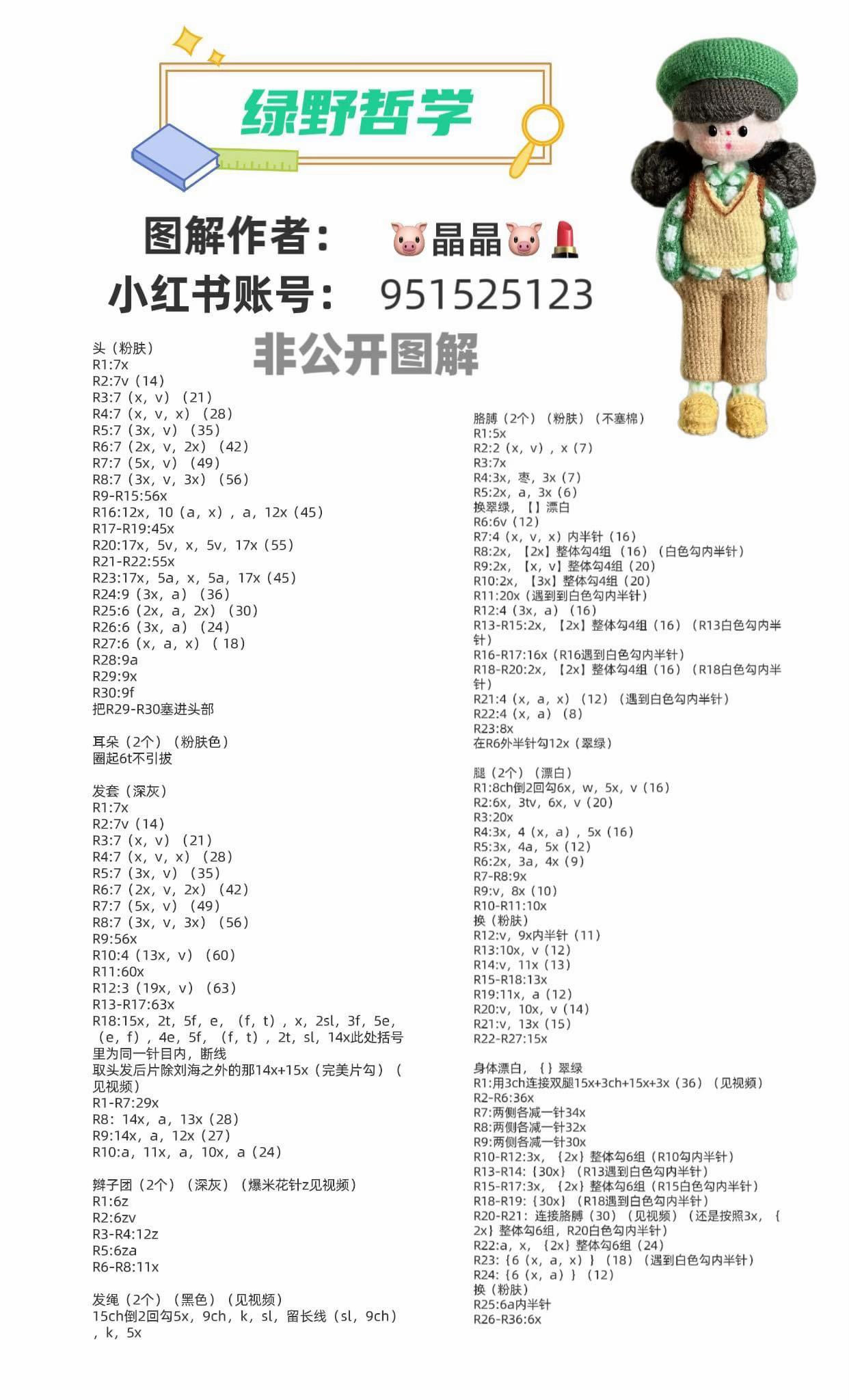 Crochet Amigurumi Girl Doll Chart Pattern - Green Beret and Plaid Shirt