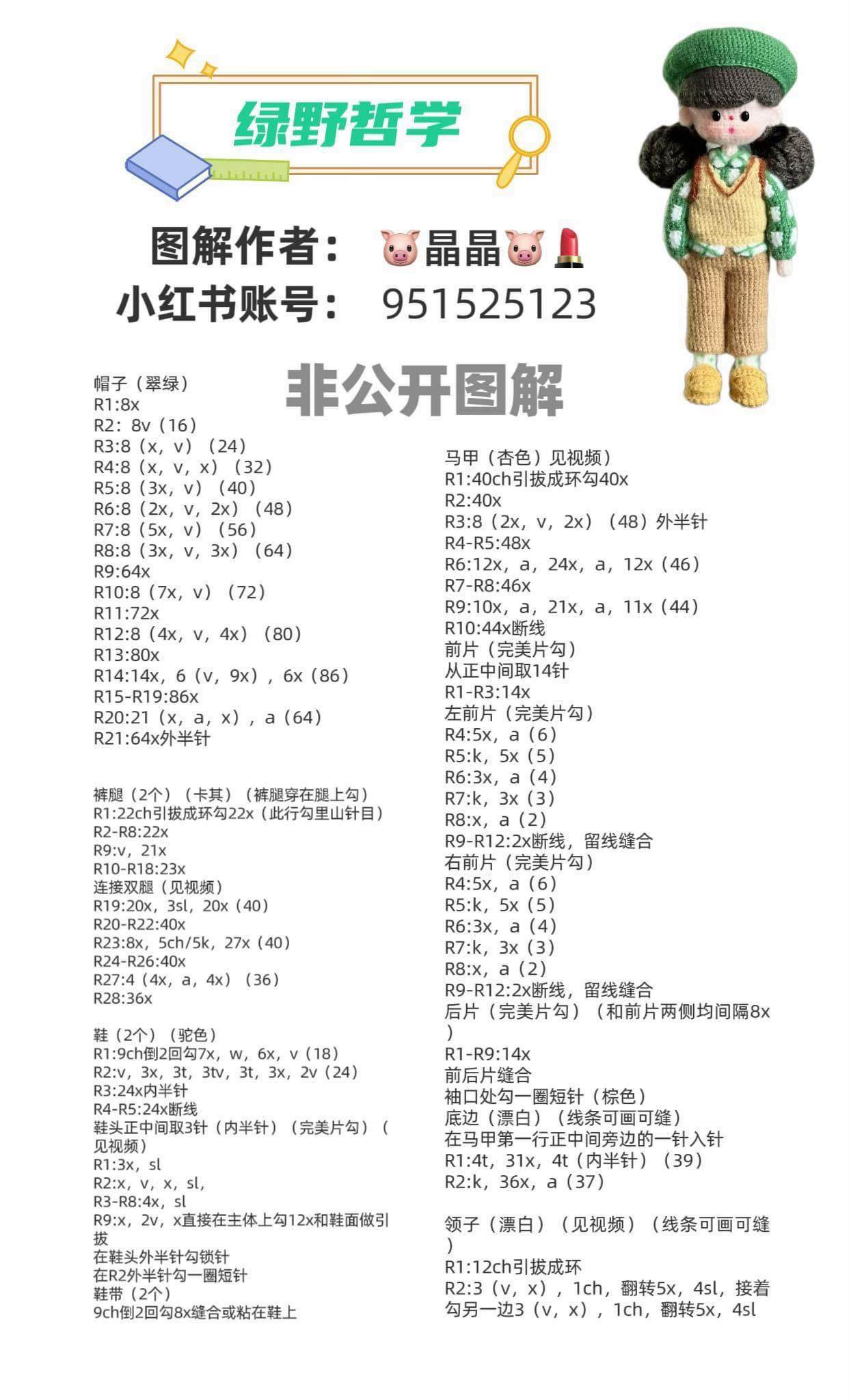 Crochet Amigurumi Girl Doll Chart Pattern - Green Beret and Plaid Shirt