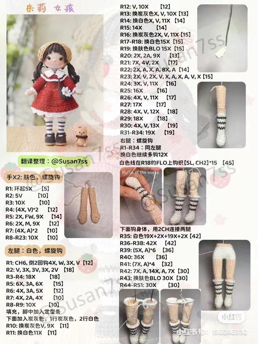 Crochet Amigurumi Girl Doll Pattern Chart in Red Dress