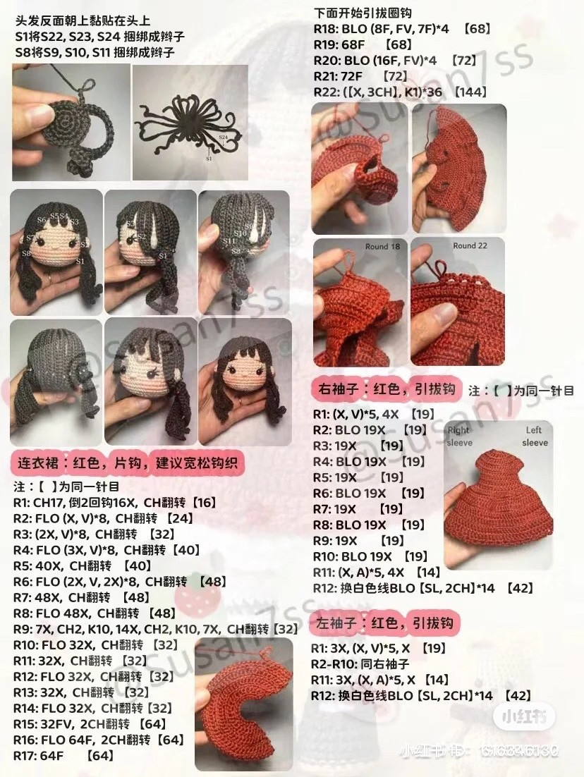 Crochet Amigurumi Girl Doll Pattern Chart in Red Dress