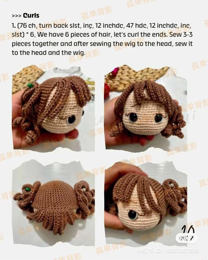 Crochet Amigurumi Girl Doll Pattern with Black Dress, Brown Hair and Accessories