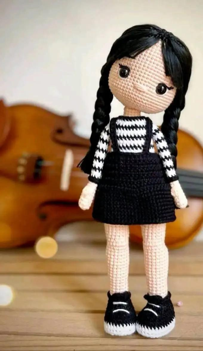Crochet Amigurumi Girl Doll Pattern with Braids and Violin Background