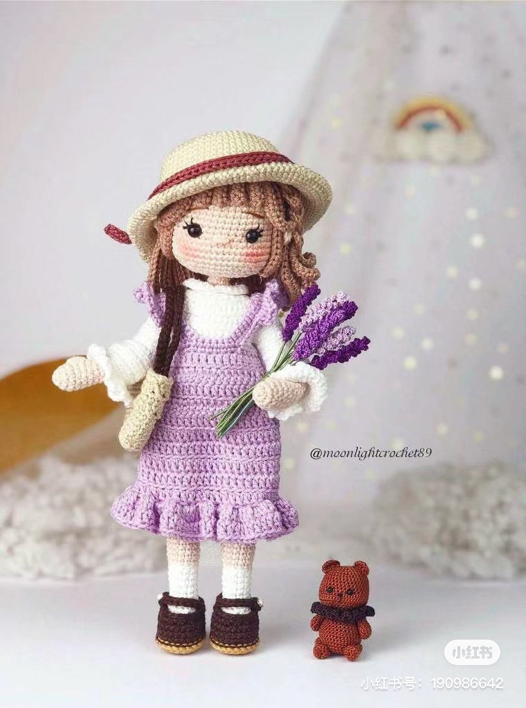 Crochet Amigurumi Girl Doll Pattern with Lavender Dress, Hat, and Teddy Bear Accessory Tutorial