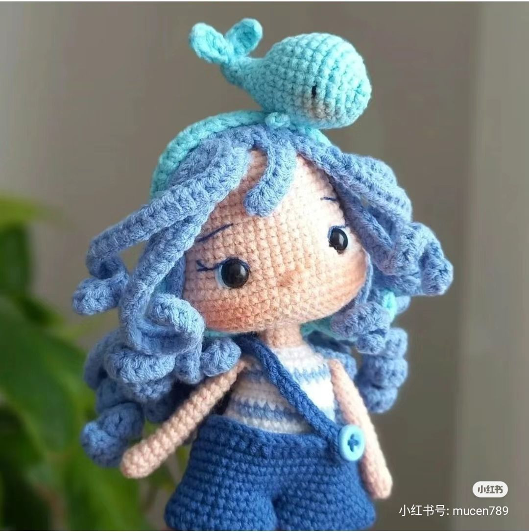 Crochet Amigurumi Girl with Blue Hair and Dolphin on Head