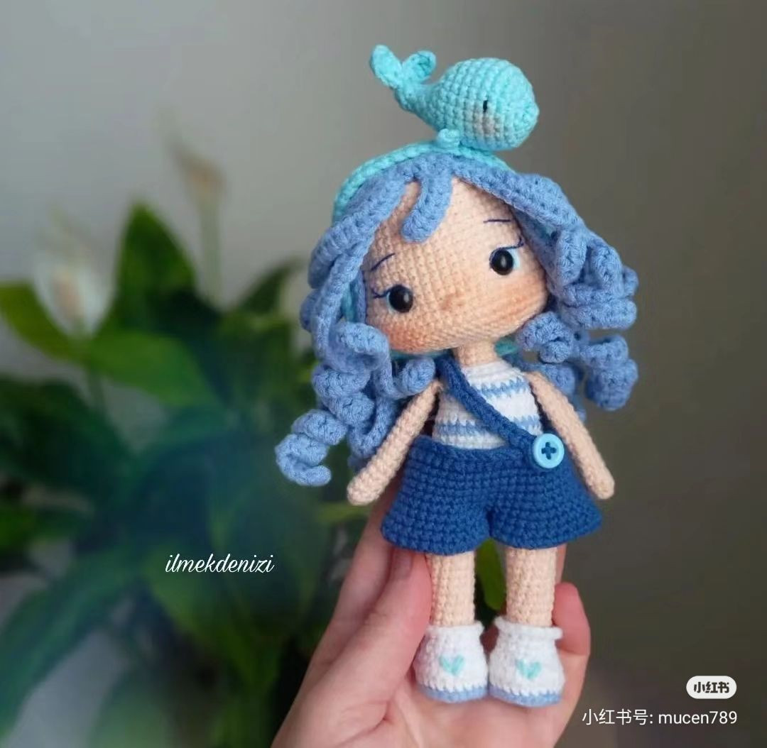 Crochet Amigurumi Girl with Blue Hair and Dolphin on Head