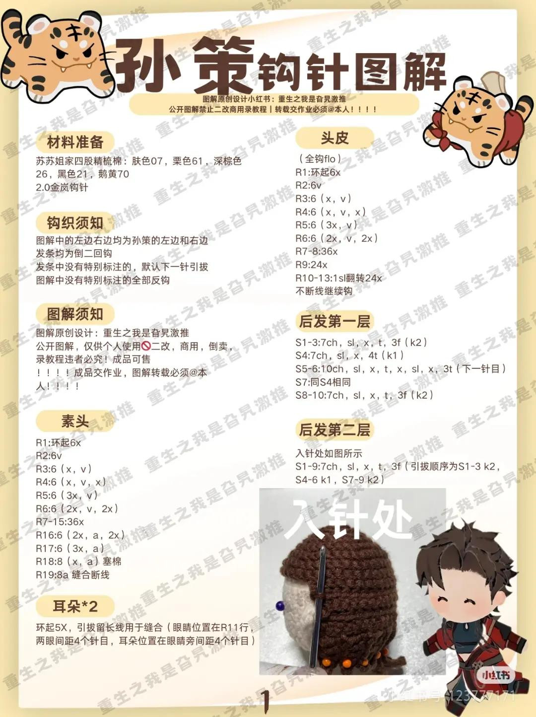 Crochet Amigurumi Head Tutorial Pattern for Sun Ce Character