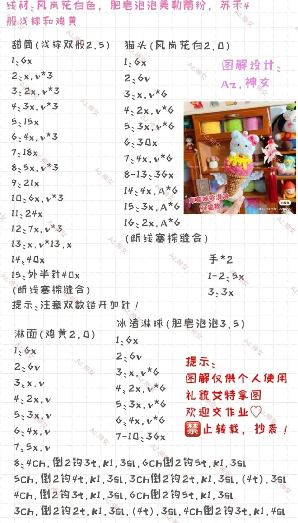 Crochet Amigurumi Ice Cream Cone Doll Pattern: Rabbit, Hello Kitty, and Panda Designs