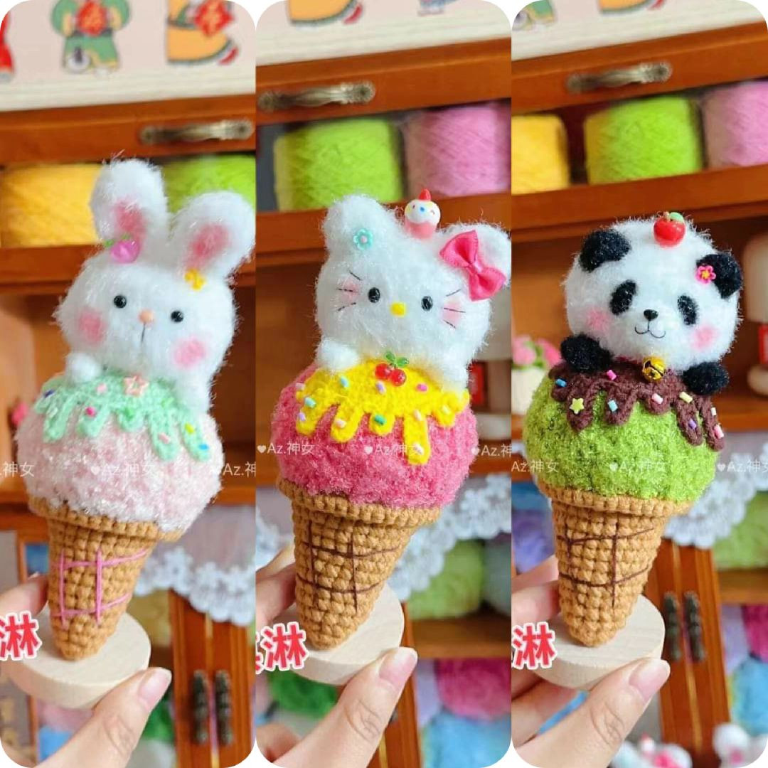 Crochet Amigurumi Ice Cream Cone Doll Pattern: Rabbit, Hello Kitty, and Panda Designs