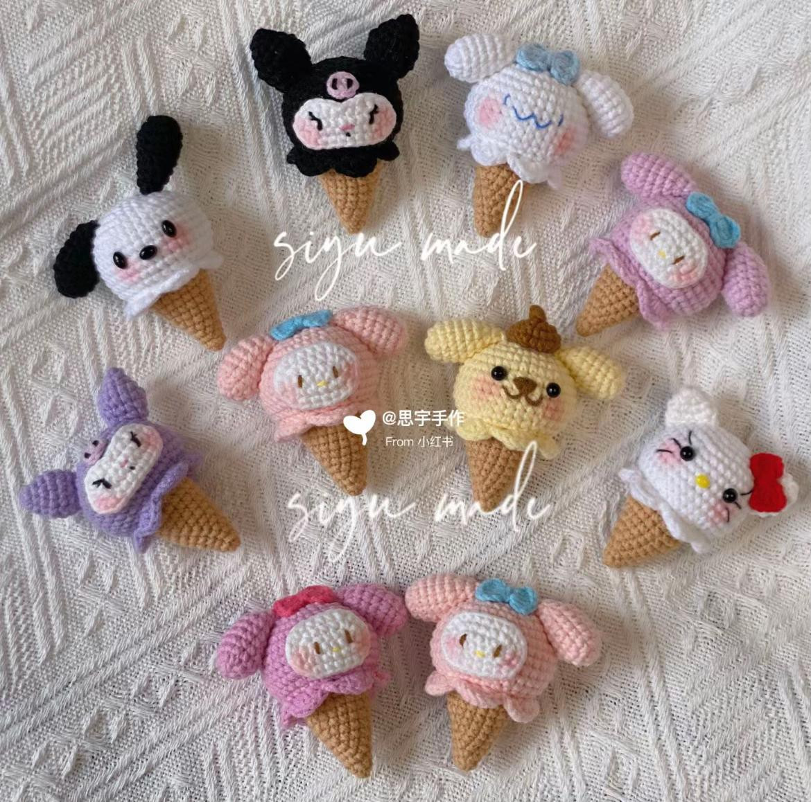 Crochet Amigurumi Ice Cream Sanrio Characters Pattern: Hello Kitty, My Melody, Pompompurin