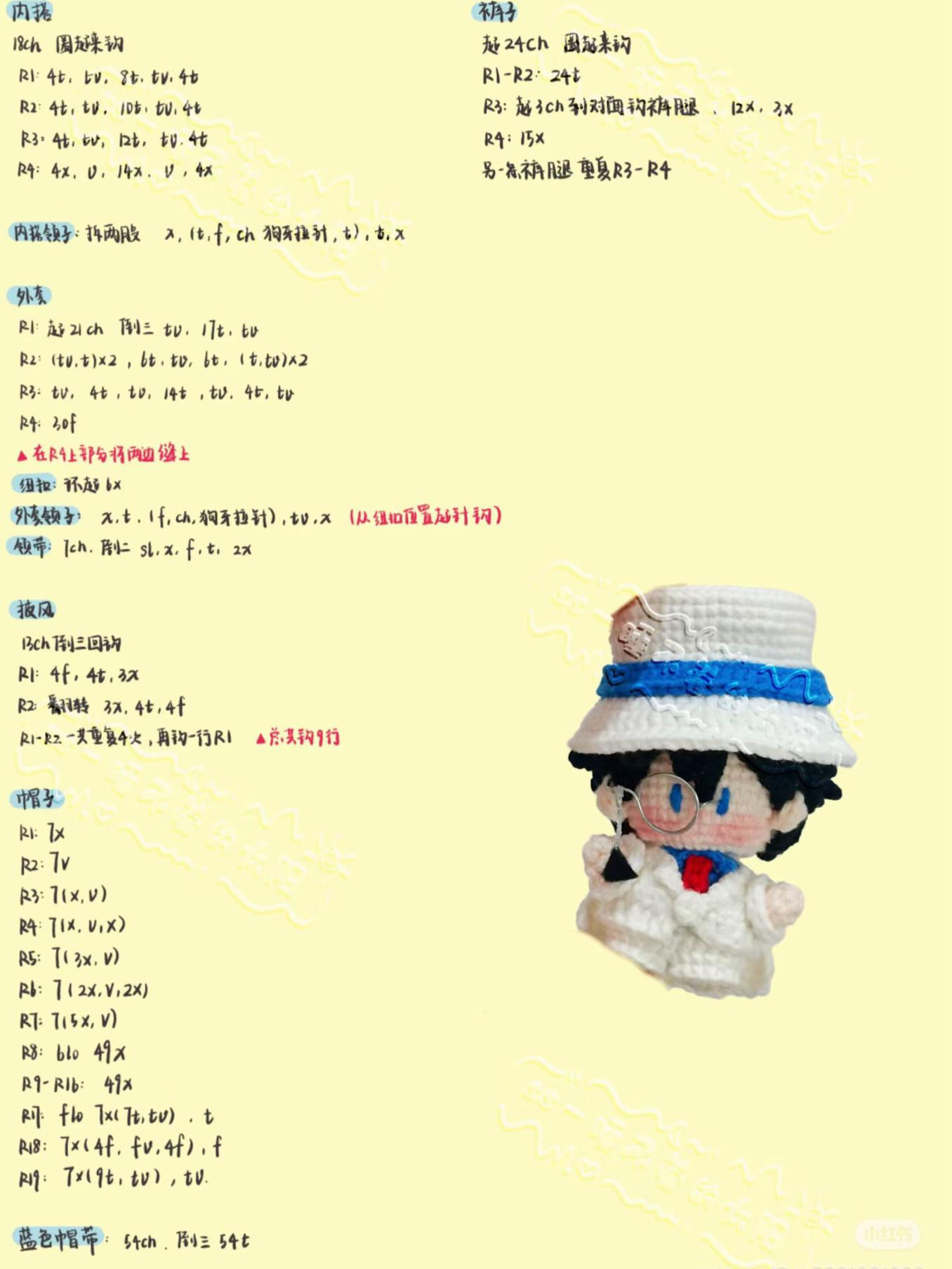 Crochet Amigurumi Kaitou Kid Doll Pattern with Hat and Glasses