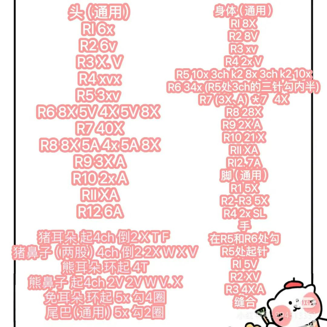 Crochet Amigurumi Keychains: Pig, Rabbit, and Bear Pattern Chart