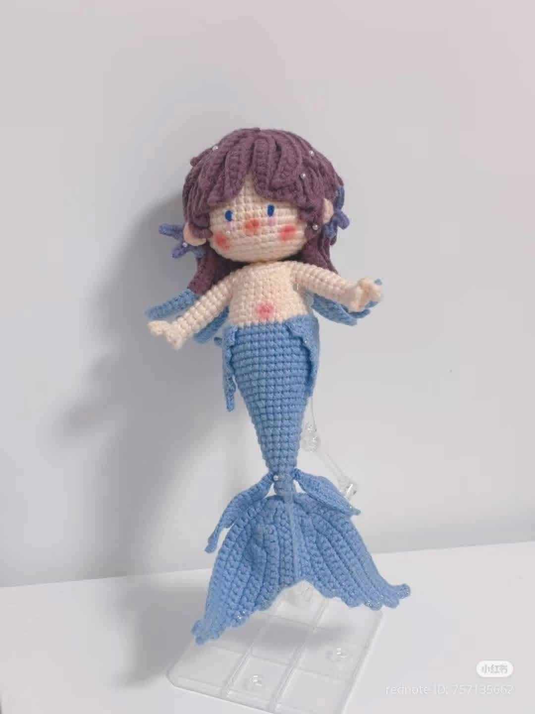 Crochet Amigurumi Mermaid Doll with Purple Hair and Blue Tail Pattern