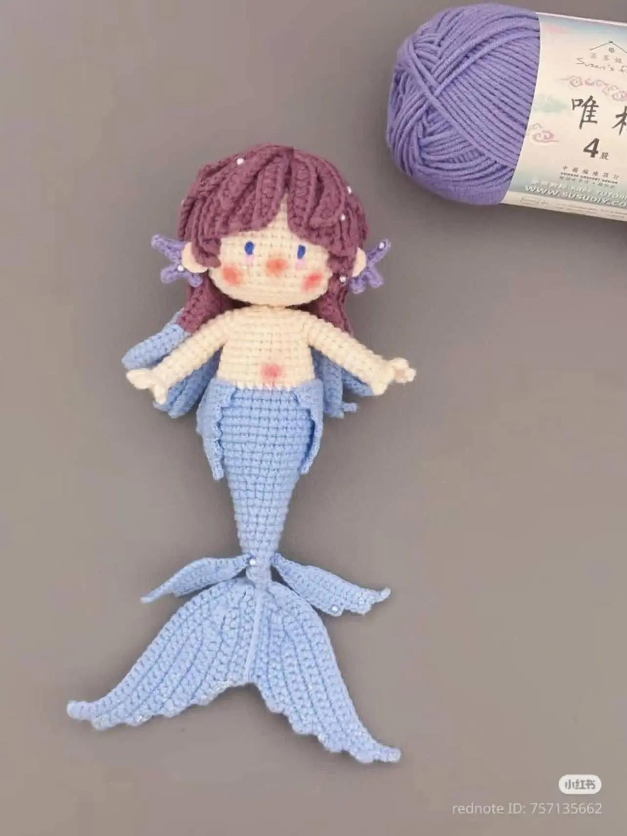 Crochet Amigurumi Mermaid Doll with Purple Hair and Blue Tail Pattern