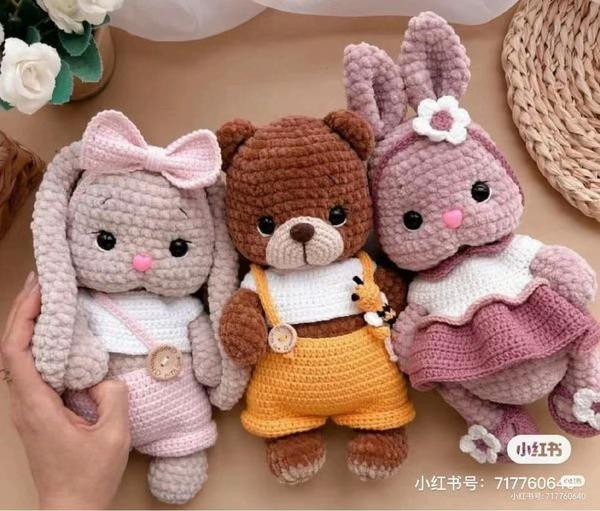 Crochet Amigurumi Pattern: Cute Bear and Bunny with Clothes