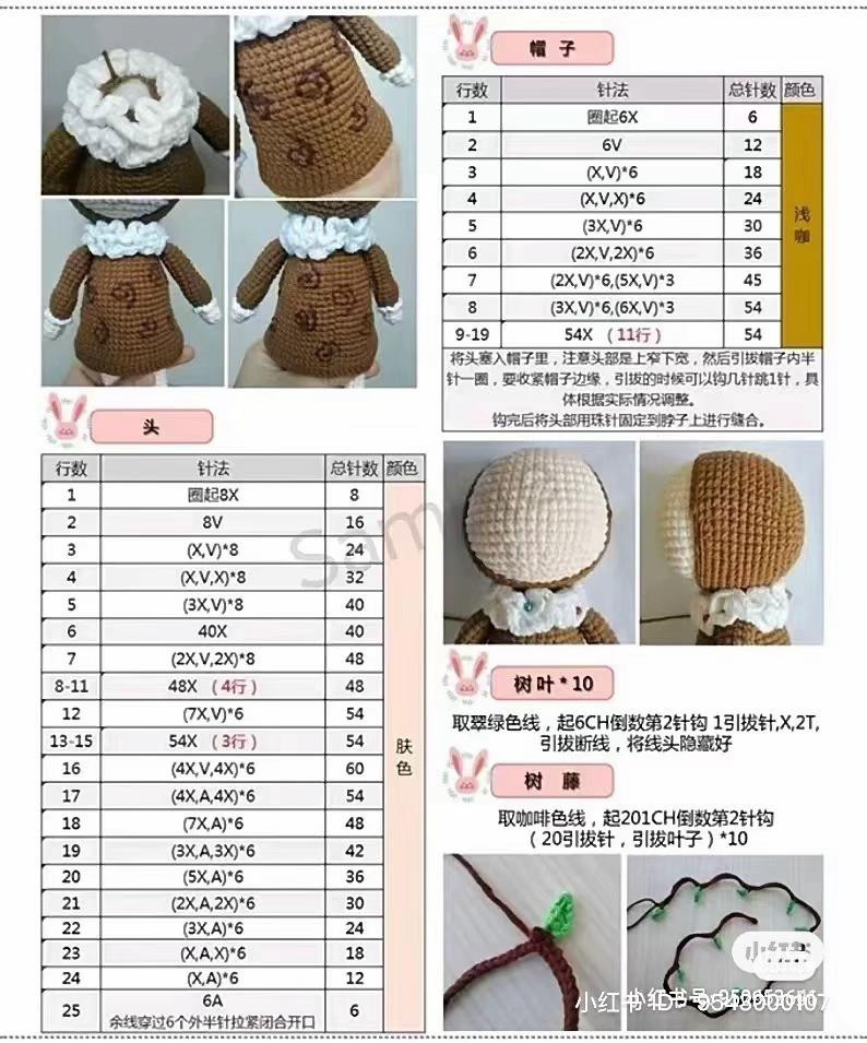 Crochet Amigurumi Pattern: Tree of Life Doll with Rabbit Ears and Brown Dress